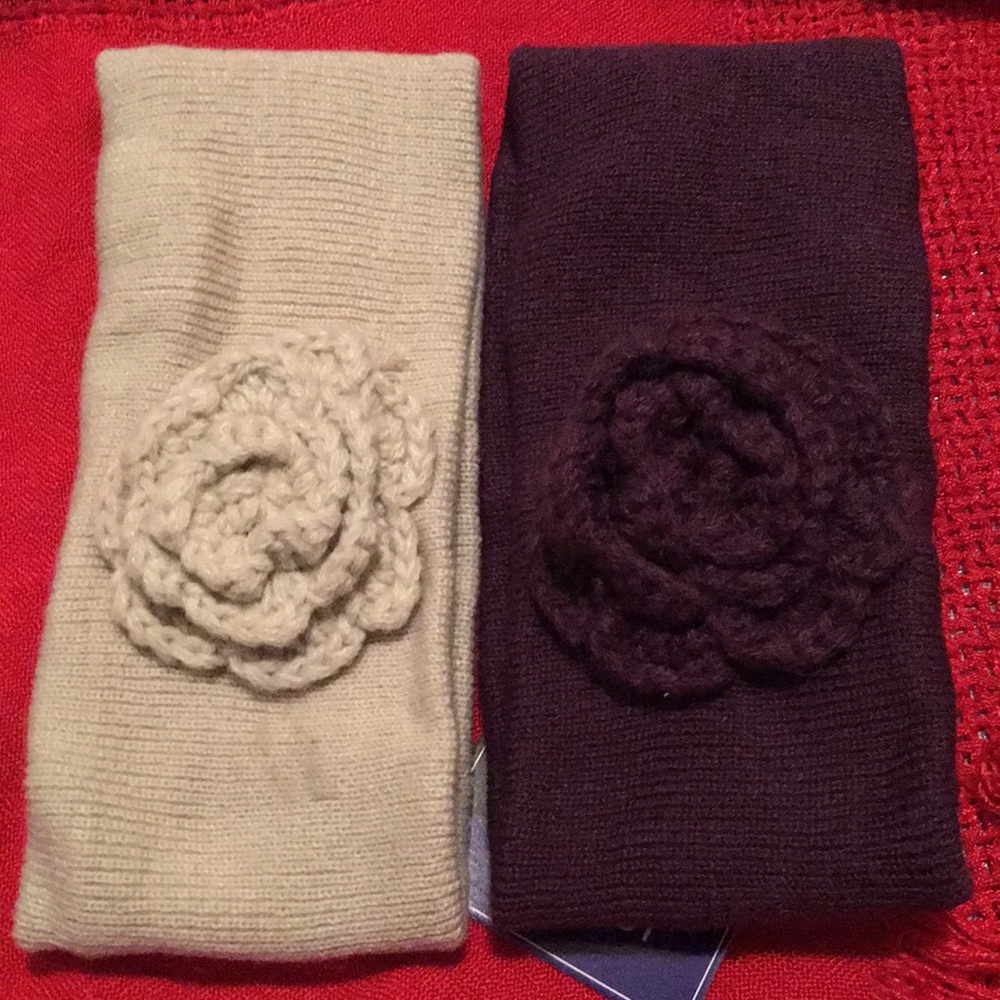 Two knitted headbands purple and cream